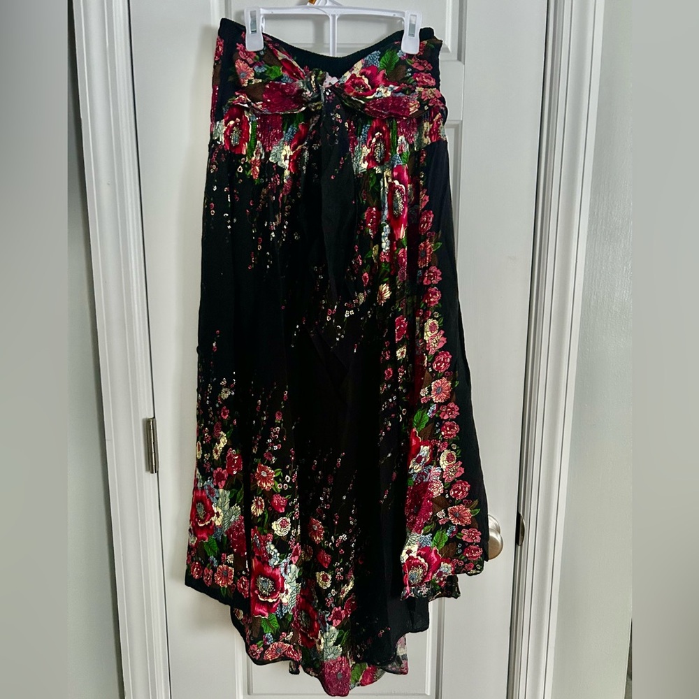 B Bangkok Pants Women's Black Floral High-Low Wrap Maxi Skirt Tie-Front